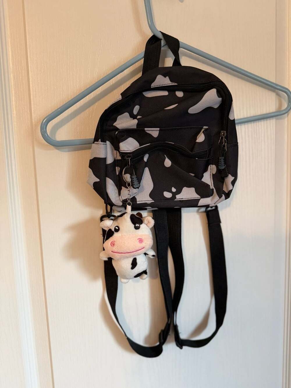 Hxscoo Mini Cow Print Canvas Daypack with Plush Pendant Backpack